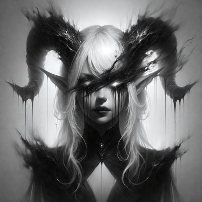 The primary subject of the image is a woman with long blonde hair. She is wearing a black dress and has a demonic appearance. The setting is a dark room, and the visual style is a digital art or illustration. The colors and mood of the image are dark and mysterious, with the woman's demonic features adding to the overall atmosphere.